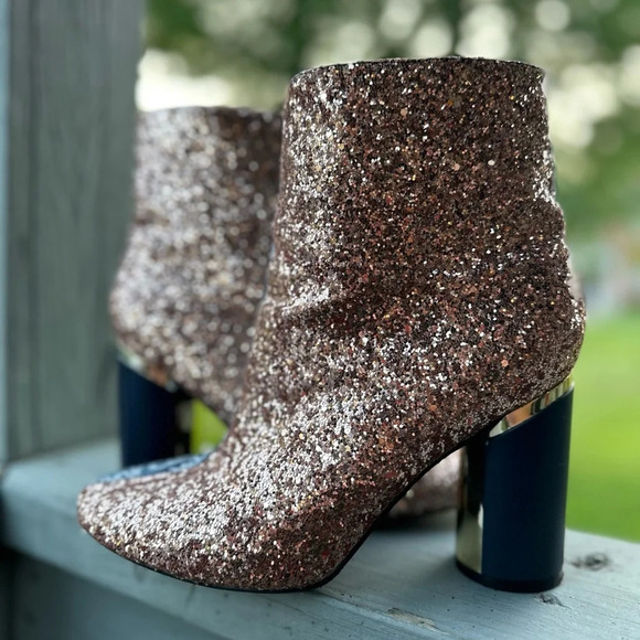 YOKI Willen Rose Gold Glitter Denim Graffiti Cylinder Heel Zip Ankle Boot 7 WILD - Picture 4 of 14